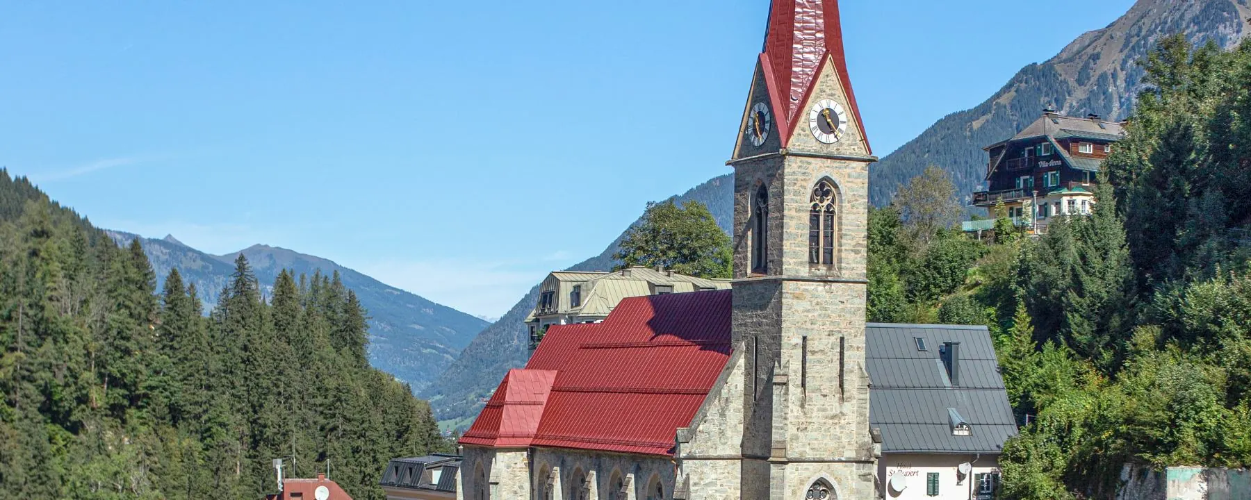 Zelená louka v gasteinském údolí v létě, za ní zalesněné svahy a vysoké vrcholky.